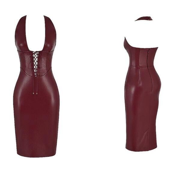 House of CB JAQUETTA Wine Vegan Leather MINI Dress Small - Picture 3 of 12